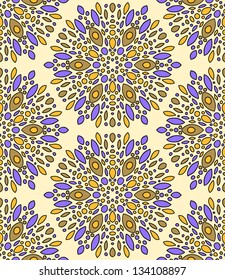 Abstract colorful kaleidoscope seamless pattern in beige and violet, vector