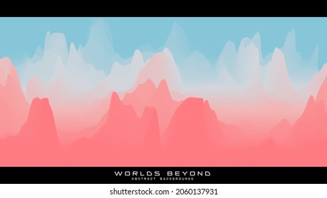 Abstract colorful landscape with misty fog till horizon over mountain slopes. Gradient eroded terrain surface. Worlds beyond.