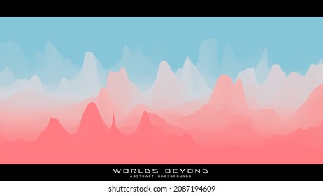 Abstract colorful landscape with misty fog till horizon over mountain slopes. Gradient eroded terrain surface. Worlds beyond.