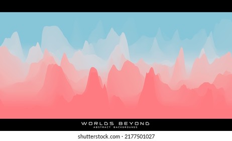 Abstract colorful landscape with misty fog till horizon over mountain slopes. Gradient eroded terrain surface. Worlds beyond.