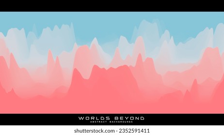 Abstract colorful landscape with misty fog till horizon over mountain slopes. Gradient eroded terrain surface. Worlds beyond.