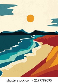 Abstract colorful landscape poster . Contemporary art beach print templates .Mountains are the side of the beach  Nature backgrounds for your social media. Sun and moon, sea, mountains, ocean, 