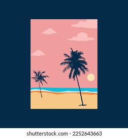 Afiche paisajístico colorido abstracto con diseño de ilustración plana. Fondos naturales para la impresión de todos los medios. Sol y luna, mar, montañas, océano, palmeras