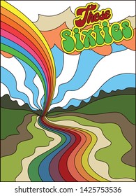 Abstract Colorful Landscape Psychedelic Art Hippie Style Background from the 1960s, Rainbow, River, Fields