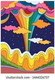 Abstract Colorful Landscape, Vintage Psychedelic Art, 1960s, 1970s Hippie Hand Drawn Style Poster, Cover, Background