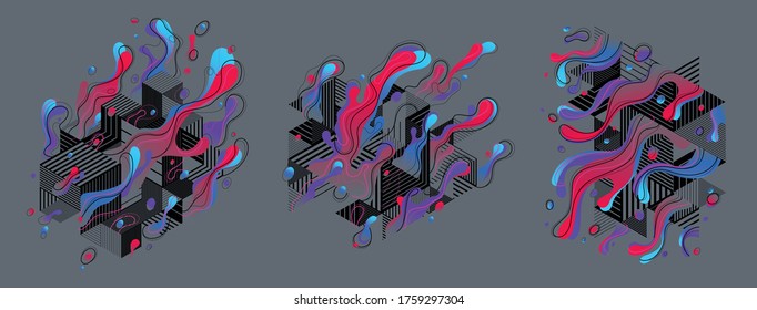 Abstract colorful lava fluids with geometric lines vector illustrations set, bubble gradients shapes in motion, artistic background graphic elements collection, dynamic art liquid forms flowing.