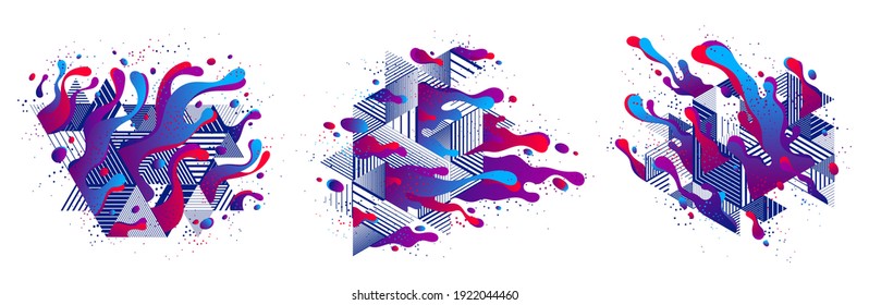 Abstract colorful lava fluids with geometric lines vector illustrations set, bubble gradients shapes in motion, artistic background graphic elements collection, dynamic art liquid forms flowing.