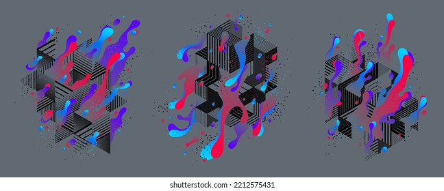 Abstract colorful lava fluids with geometric lines vector illustrations set, bubble gradients shapes in motion, artistic background graphic elements collection, dynamic art liquid forms flowing.