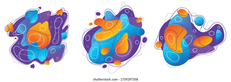 Abstract colorful lava fluids vector illustrations set, bubble gradients shapes in motion, artistic background graphic elements collection, dynamic modern art liquid forms flowing.