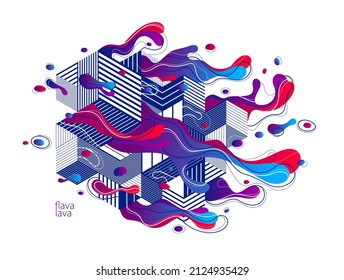 Abstract colorful lava fluids vector illustration with geometric lines, bubble gradients shapes in motion, artistic background graphic element, dynamic modern art liquid forms flowing.