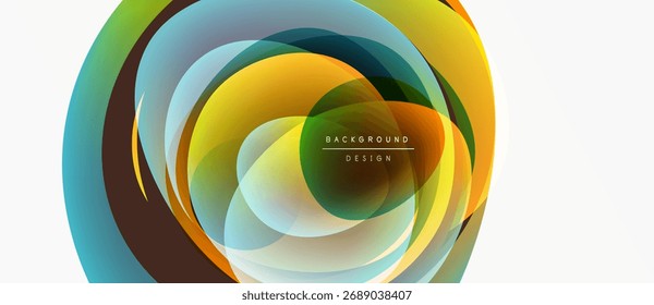 Abstract colorful layers create circular design. Bright hues blend, forming dynamic visual effect. Modern, smooth gradients present elegant composition.