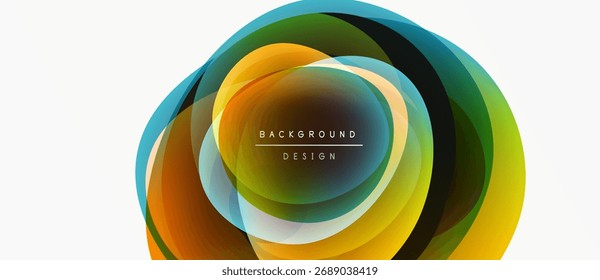 Abstract colorful layers create circular design. Vibrant hues blend, forming modern background element. Text reads background design.