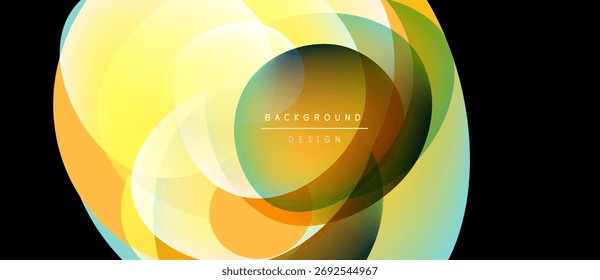 Abstract colorful layers create dynamic visual effect. Soft gradients blend, forming circular patterns. Modern design element.