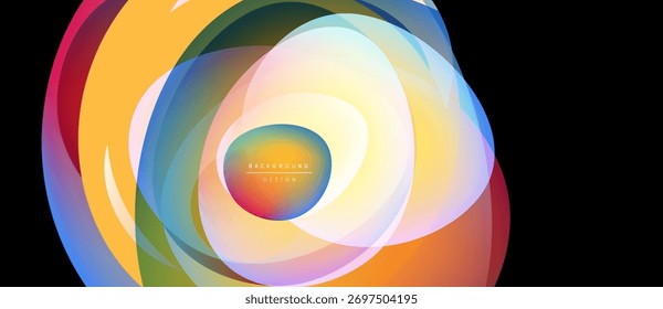Abstract colorful layers create dynamic circular design. Gradient hues blend, forming modern visual effect. Brightness contrasts, smooth transitions present.
