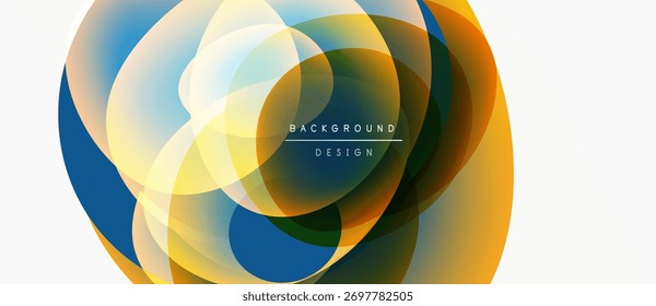 Camadas coloridas abstratas criam um design circular dinâmico. Formas sobrepostas sugerem movimento, profundidade, estética moderna.