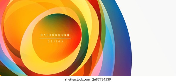 Abstract colorful layers create dynamic circular design. Bright gradients suggest energy, movement, modern aesthetic. Background features text elements.