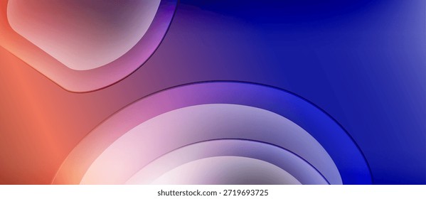Camadas coloridas abstratas criam formas fluidas. As transições de gradiente mesclam matizes laranja, roxo e azul. Curvas suaves sugerem movimento, profundidade.