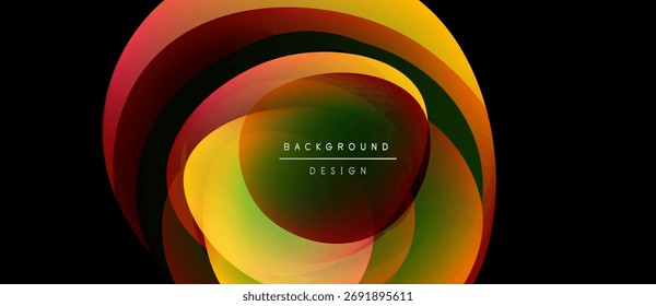 Abstract colorful layers create swirling design. Background features warm tones, gradients, text element. Modern aesthetic, simple composition.