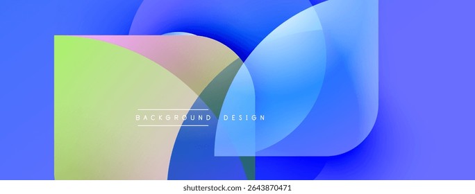 Abstract colorful layers overlap. Blue, green, purple hues create dynamic visual effect. Text reads background design. Modern aesthetic.