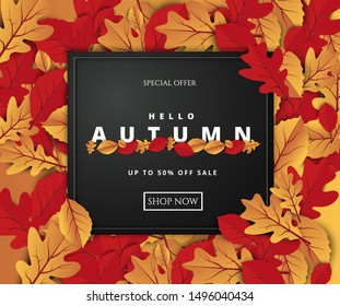 Abstract colorful leaves decorated  background for  Autumn advertising header or banner design. Paper cut art design. Vector Illustration.