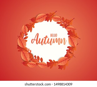 Abstract colorful leaves decorated  background for  Hello Autumn advertising header or banner design.  Vector Illustration.