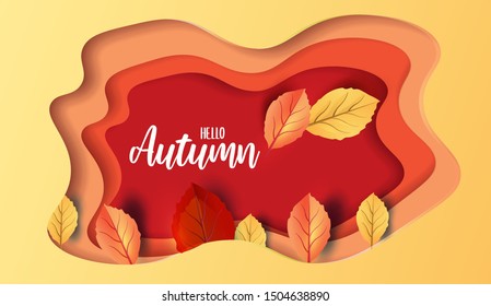 Abstract colorful leaves decorated  background for  Hello Autumn advertising header or banner design. Horizontal paper cut art. Vector Illustration.