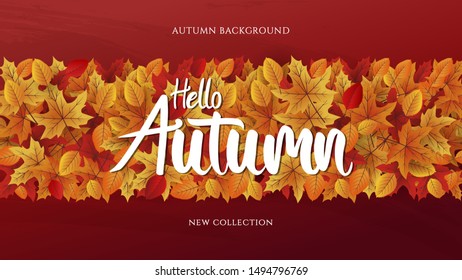 Abstract colorful leaves decorated red background for Hello Autumn advertising header or banner design.