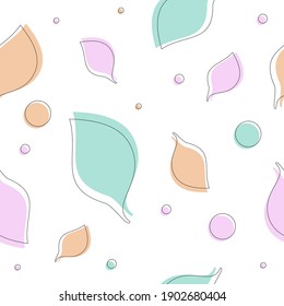 Abstract colorful leaves scattered on white background. Seamless pattern. Flat, simple and minimal. Great for wrapping, packaging, design for kids, interior or any other. Muted colors.