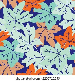 Resumen de hojas coloridas sin costura de fondo de patrón vectorial. Fondo con un follaje dibujado a mano en capas superpuestas. Diseño de hojas de color tropical. Botánico paradisíaco en todo el mundo impreso para el verano