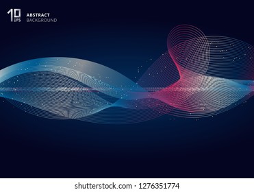 Abstract colorful light lines wave futuristic style on dark blue background with gold glitter. Vector illustration