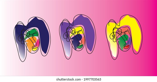 Abstract colorful line art continuous drawing of woman face. Illustration EPS 10