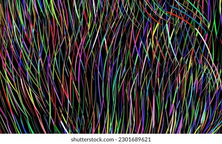 Abstract colorful line pattern with black background. Composition in the form of a chaotic arbitrary multicolor pattern. Vector illustration, EPS 10.
