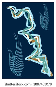 Abstract colorful line pattern and blue fur of bird wall art. Elegant abstract wall decor. Hand drawn of vector Ilustration. Scandinavian style for Minimalist home decorations.