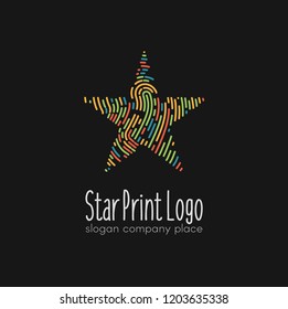 Abstract colorful linear star logo on dark background with abstract text. Art concept of fingerprint in simple shape