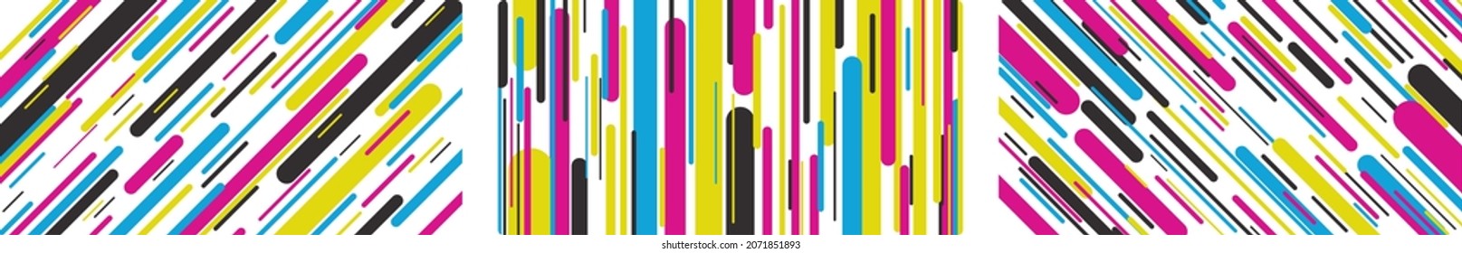 Resumen del fondo de las líneas coloridas. Conjunto de patrones geométricos alineados. Papel tapiz rayado en colores retro de los años 90