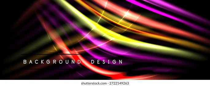 As linhas coloridas abstratas criam um plano de fundo dinâmico. Sombras brilhantes blend, formando design elegante. O espaço escuro enfatiza curvas vibrantes.