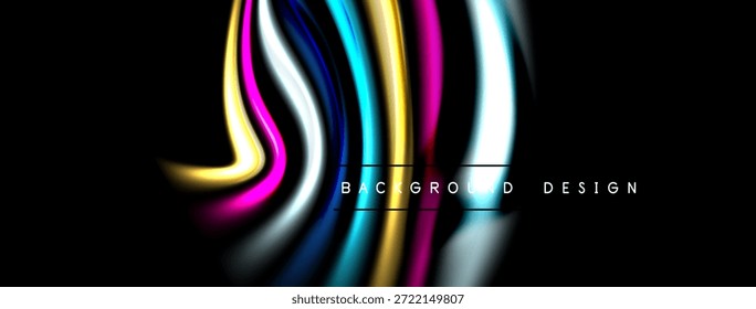 Linhas coloridas abstratas criam fluxo dinâmico. As tonalidades brilhantes contrastam com o plano de fundo escuro. Elemento de design moderno para projetos.