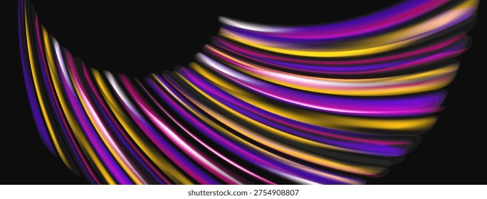 Abstract colorful lines create dynamic curved shape. Vivid gradients, smooth transitions, modern design element. Dark background enhances vibrancy.