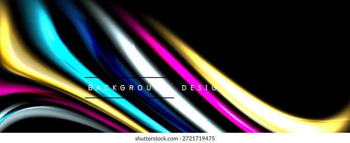 Linhas coloridas abstratas fluem através do fundo preto. As formas dinâmicas criam um efeito visual moderno. Matizes brilhantes contrastam com o espaço escuro.