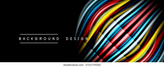 Abstractas líneas de colores forman un patrón de onda dinámica sobre fondo negro. El texto lee el diseño de fondo. Presentación visual moderna y elegante.
