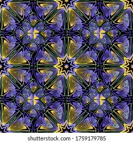 Abstract colorful lines vector seamless pattern. Floral oenamental modern background. Repeat grunge decorative backdrop. Lines flowers ornament in violet yellow colors. Ornate design for fabric, print