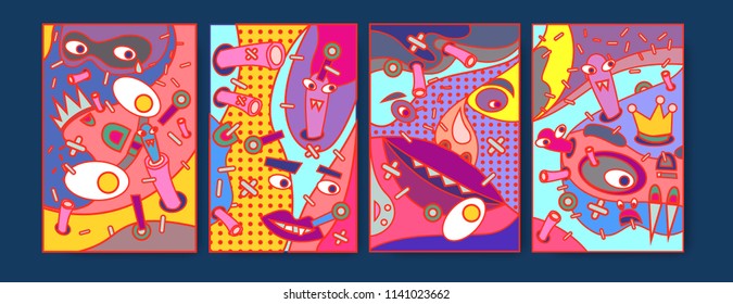 Abstract Colorful liquid and curvy covers set. Bubble shapes cartoon character composition. Trendy retro toys design. 