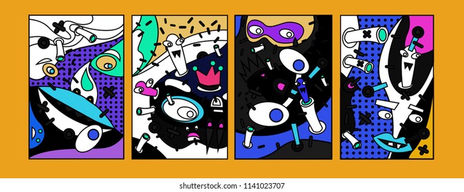	
Abstract Colorful liquid and curvy covers set. Bubble shapes cartoon character composition. Trendy retro toys design. 