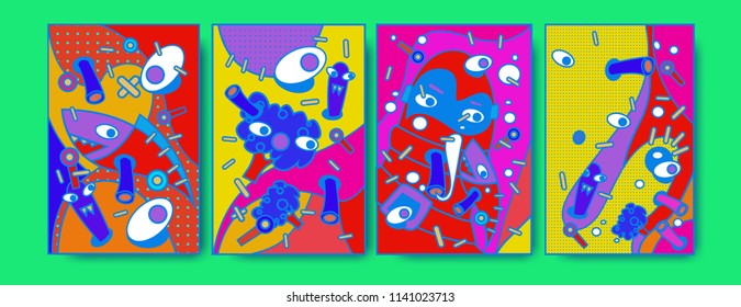 	
Abstract Colorful liquid and curvy covers set. Bubble shapes cartoon character composition. Trendy retro toys design. 
