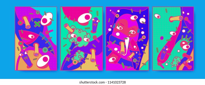 Abstract Colorful liquid and curvy covers set. Bubble shapes cartoon character composition. Trendy retro toys design. 