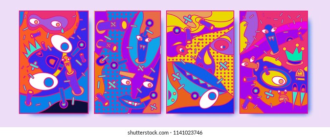 	
Abstract Colorful liquid and curvy covers set. Bubble shapes cartoon character composition. Trendy retro toys design. 