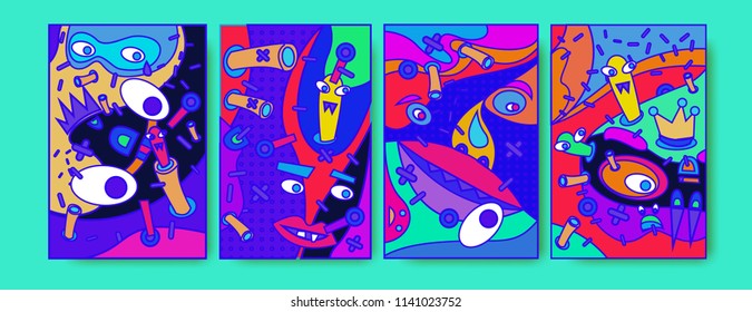 	
Abstract Colorful liquid and curvy covers set. Bubble shapes cartoon character composition. Trendy retro toys design. 