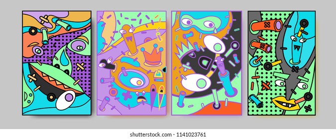 	
Abstract Colorful liquid and curvy covers set. Bubble shapes cartoon character composition. Trendy retro toys design. 
