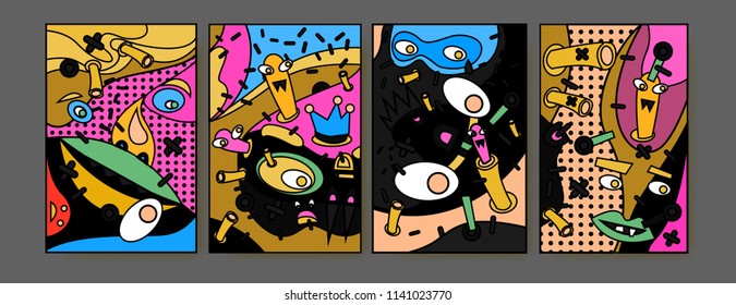 Abstract Colorful liquid and curvy covers set. Bubble shapes cartoon character composition. Trendy retro toys design. 