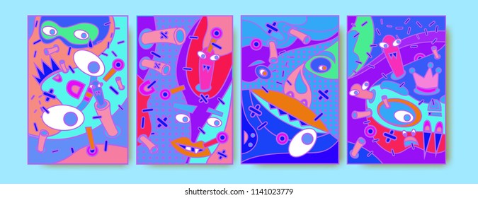 Abstract Colorful liquid and curvy covers set. Bubble shapes cartoon character composition. Trendy retro toys design. 